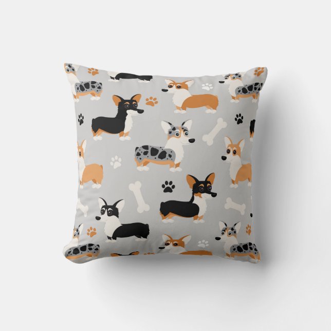 Cojín Decorativo Gris del patrón Corgi (Anverso)