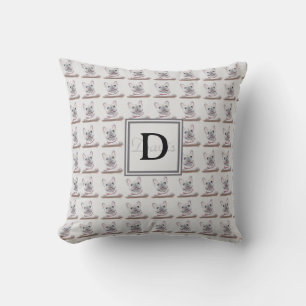 Cojín Decorativo Gris del patrón de Bulldog francés con monograma