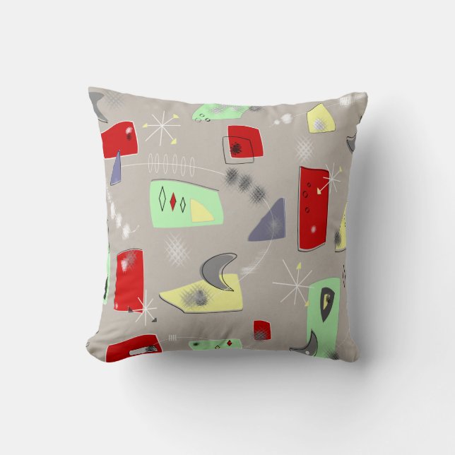 Cojín Decorativo Gris rojo de los bumeranes atómicos modernos de (Anverso)