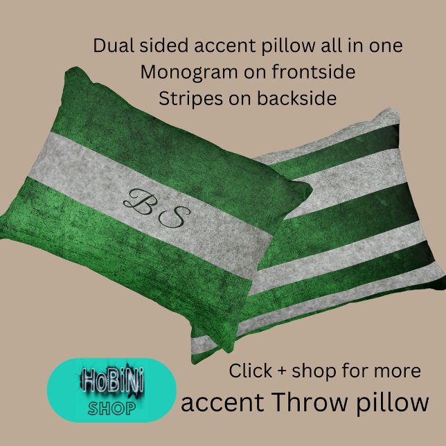 Cojín Decorativo gris verde de doble cara y monograma y rayas (Dual sided accent throw pillow all in one
Monogram on frontside
Stripes on backside)