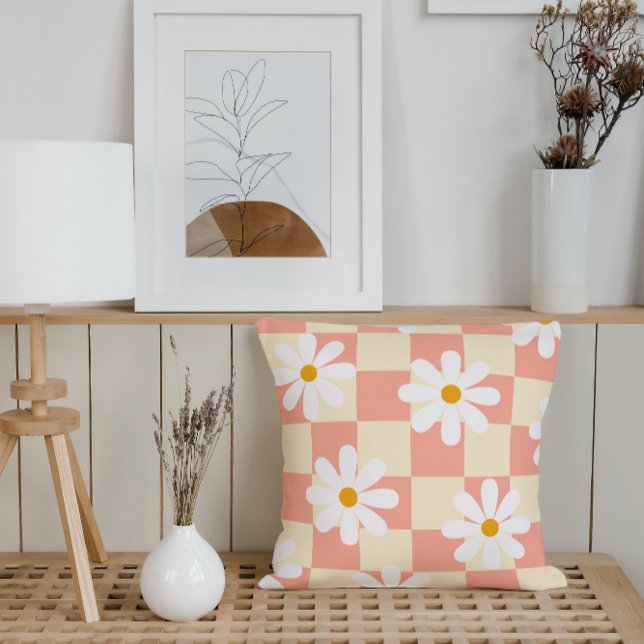 Cojín Decorativo Groovy Daisy Floral Checkerboard, años 90 (Subido por el creador)