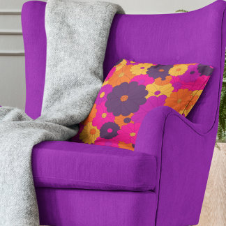 Cojín Decorativo Groovy poder de flores hippie morado y rosa