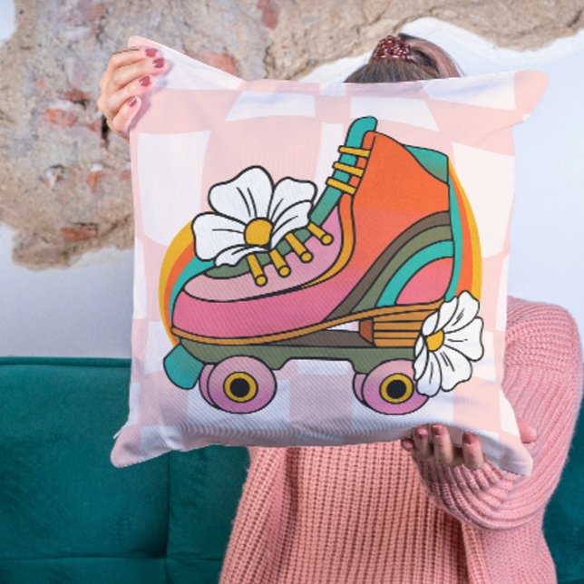 Cojín Decorativo Groovy Retro Roller Skate 60 Hippie Arcoiris (Groovy Retro Roller Skate 60s Hippie Rainbow Throw Pillow teen college dorm room decor decoration)