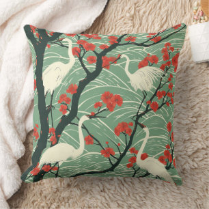 Cojín Decorativo Grulla Japonesa y Flor de Cerezo - Arte Oriental