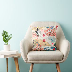 Cojín Decorativo Grulla Japonesa y Olas de Flor de Cerezo