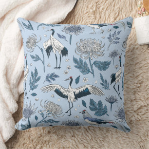 Cojín Decorativo Grulla Japonesa y Patrón Floral Botánico