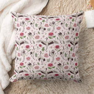 Cojín Decorativo Grulla Japonesa y Patrón Floral Botánico
