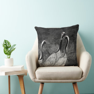 Cojín Decorativo Grullas japonesas modernas en blanco y negro