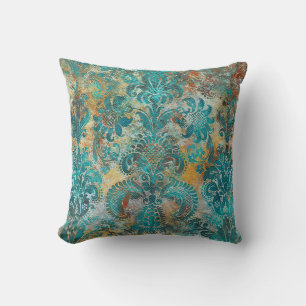 Cojín Decorativo Grunge Damask Aqua Viridian Mostaza Terracota