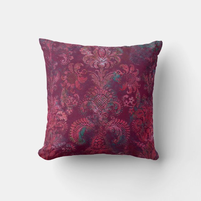Cojín Decorativo Grunge Damask Burgundy Red Emerald Vermilion (Anverso)