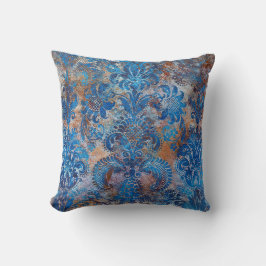 Cojín Decorativo Grunge Damask Cobalto Azul Oxidado Naranja