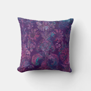Cojín Decorativo Grunge Damask Púrpura Violeta Rosa Caliente Turque