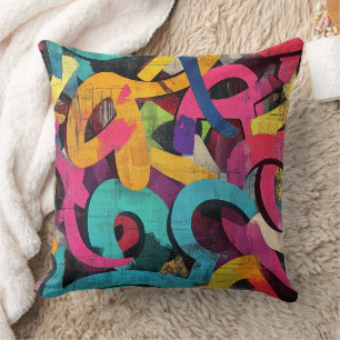 Cojín Decorativo Grunge Grafiti Abstracto en Rosa Amarillo Azul