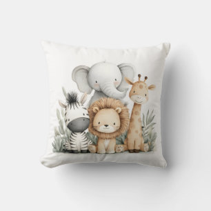 Cojín Decorativo Grupo de animales de safari bebés en acuarela para