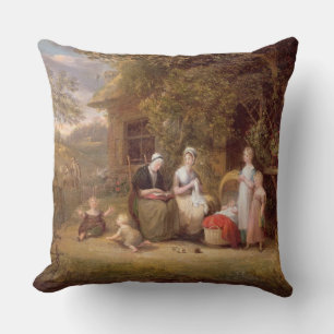 Cojín Decorativo Grupo de la familia antes de una cabaña cubierta