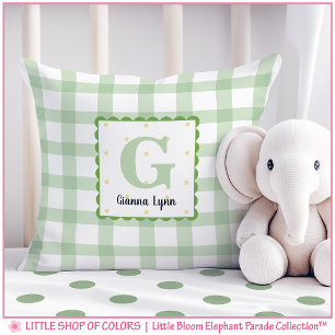Cojín Decorativo Guardería de Monograma de Gingham Verde Personaliz