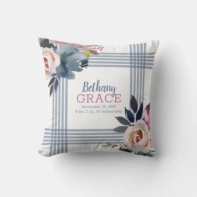 Cojín Decorativo Guardería de niña azul rosa floral acuarela (Anverso)