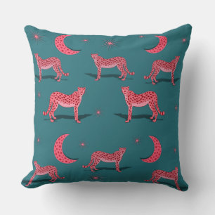 Cojín Decorativo Guepardo boho azul turquesa y luna rosa