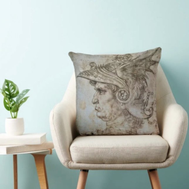 Cojín Decorativo Guerrero con casco de Leonardo (Da Vinci’s Ancient Warrior Sketch pillow  100% polyester hidden zipper enclosure. Made in the USA. 
)