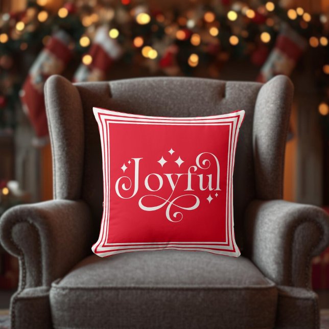 Cojín Decorativo Guión alegre rojo navidad (Christmas Joyful Script Red Throw Pillow)