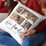 Cojín Decorativo Guión Colage de Fotos del Nombre de Nuestra Famili<br><div class="desc">Almohada con las palabras "Nuestra Familia" en una elegante letra cursiva con 4 fotos dispuestas una al lado de la otra en el frente y en la parte posterior, lo que hace un total de 8 fotos que puedes reemplazar con tus propias fotos sobre un fondo blanco. También puedes agregar...</div>