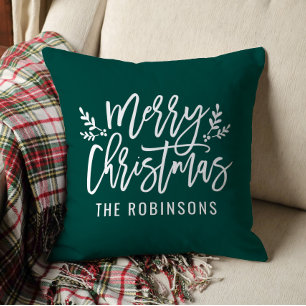 Cojín Decorativo Guión de Feliz Navidad Nombre de Familia Esmeralda