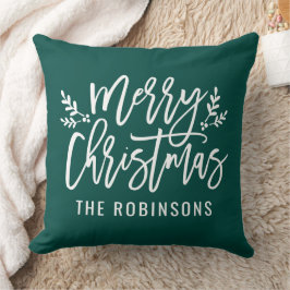 Cojín Decorativo Guión de Feliz Navidad Nombre de Familia Esmeralda