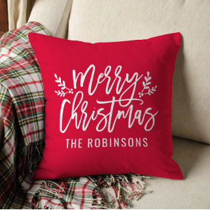Cojín Decorativo Guión de Feliz Navidad Nombre de Familia Rojo