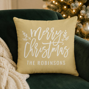 Cojín Decorativo Guión de Feliz Navidad Nombre de Familia Tan Dorad