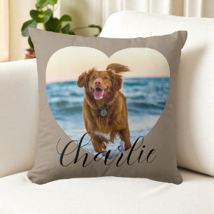 Cojín Decorativo Guión de foto de mascota Taupe Corazón Lindo Perro