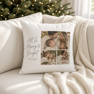 Cojín Decorativo Guión de Merry and Bright Navidad Tres Fotos