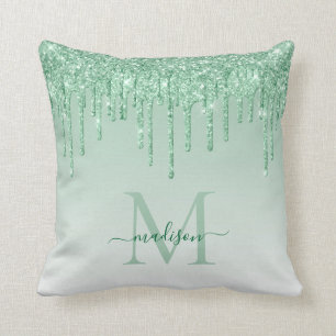 Cojín Decorativo Guión de Monograma del Purpurina verde Verde azula