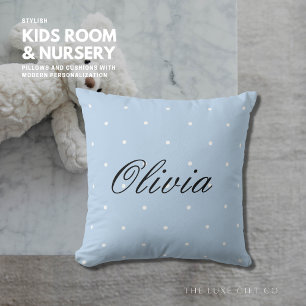 Cojín Decorativo Guión de punto de polka azul pálido lindo Nombre a