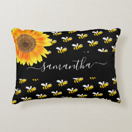 Cojín Decorativo Guión del nombre del girasol amarillo negro de las