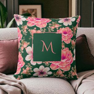 Cojín Decorativo Guión floral acuarela verde rojo