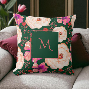 Cojín Decorativo Guion floral acuarela verde rojo