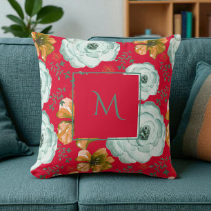 Cojín Decorativo Guión floral de color verde rojo