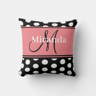 Cojín Decorativo Guión Monograma de puntos de polka blanco rosado