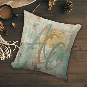 Cojín Decorativo Guión monogramado Caída del Resumen Verde azulado 