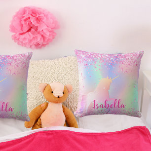 Cojín Decorativo Guión unicornio de nombre púrpura rosa