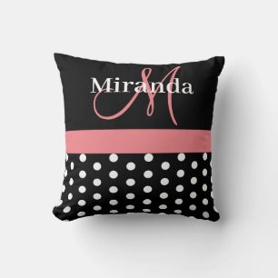 Cojín Decorativo Guiones de monograma blanco negro rosado puntos de