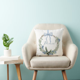 Cojín Decorativo Guirnalda de acebo azul acuarela de invierno