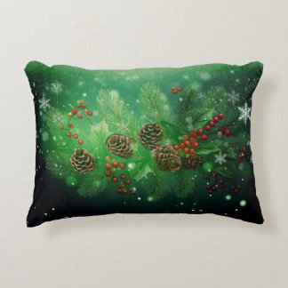 Cojín Decorativo Guirnalda de Navidad de Pino y Acebo con Nieve que