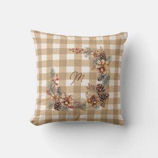 Cojín Decorativo Guirnalda de Otoño Monograma de Gingham Marrón