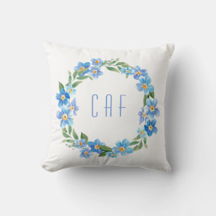Cojín Decorativo Guirnalda floral azul con monograma amarillo