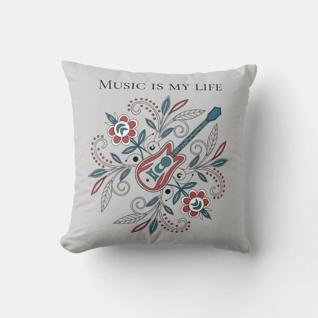 Cojín Decorativo Guitarra Boho Rock’n’Roll con flores (Anverso)