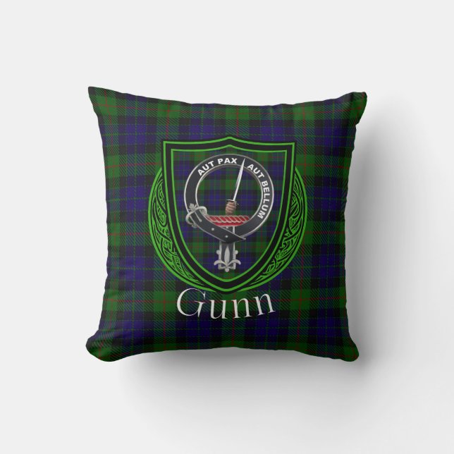 Cojín Decorativo Gunn Scottish Clan Tartan & Escudo (Anverso)