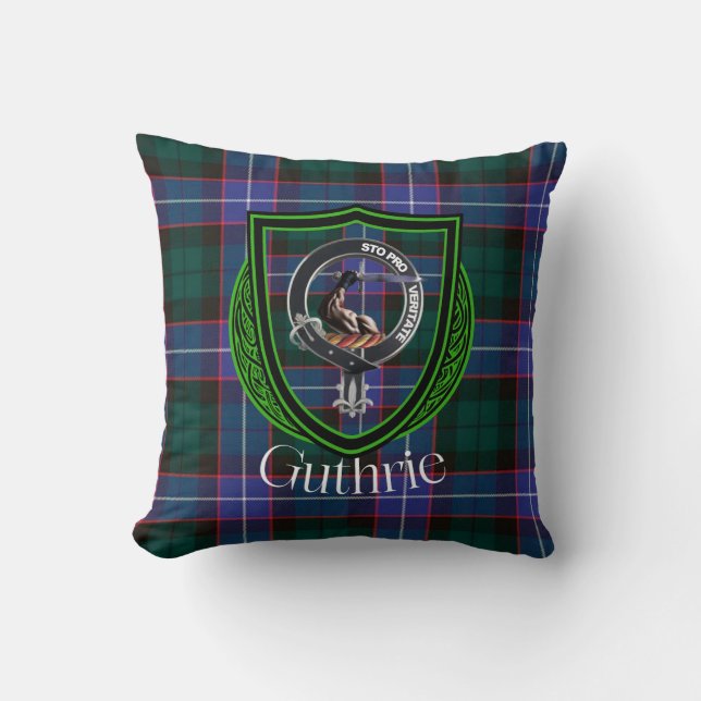 Cojín Decorativo Guthrie Scottish Clan Tartan & Escudo (Anverso)