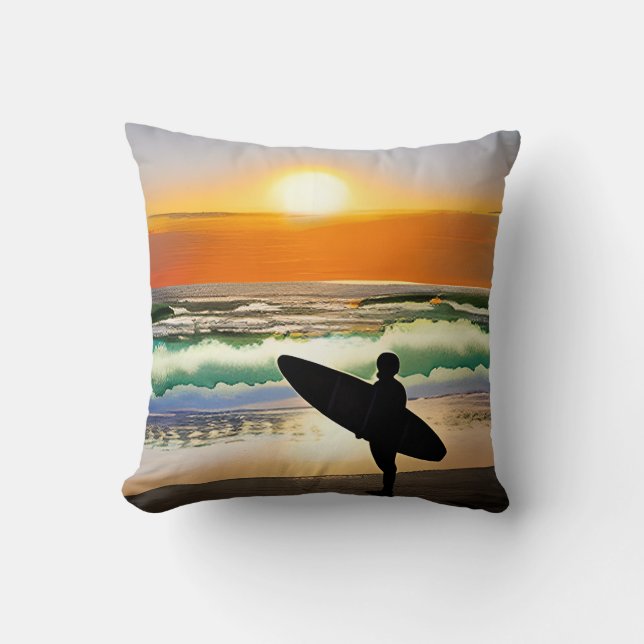 Cojín Decorativo Guy on Beach con Surf Board Sunset (Anverso)