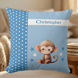 Cojín Decorativo Habitación de niños añadir nombre mono azul lindo